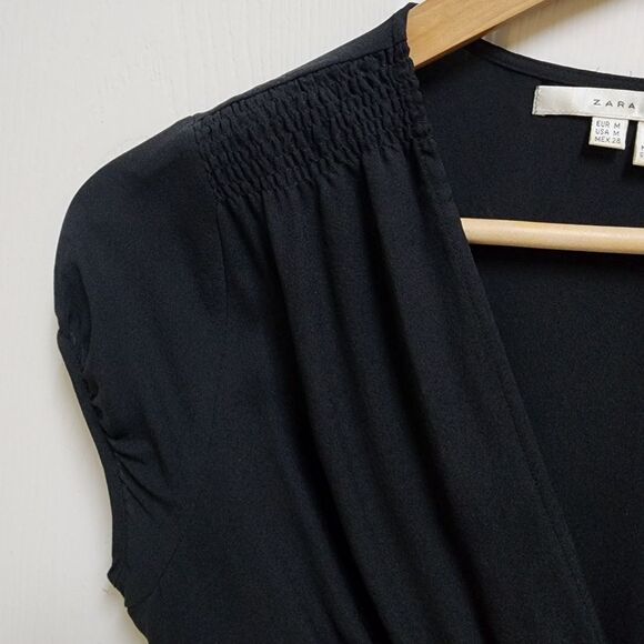 Zara Dress M Black 100% Silk V Neck Tie Back Cap Slv Midi Fitted Sheer Party - Picture 7 of 12